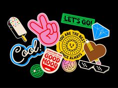 various stickers on a black background with the words let's go one are the best