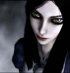 an animated image of a woman with green eyes and long black hair, looking at the camera