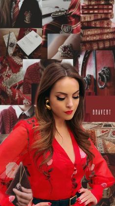 a woman is standing in front of a collage of red and gold items with her hands on her hips