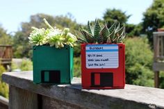 two boxes with plants in them sitting on a ledge