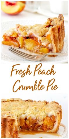 fresh peach crumble pie on a plate with a fork