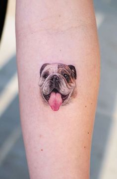 a dog's face is shown on the leg