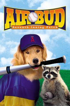 a dog with a baseball bat in its mouth next to a raccoon and the words air bud