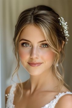 a woman wearing a wedding dress with flowers in her hair