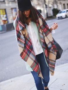 Multi Plaid Scarf Diy Poncho, Affordable Clothing Websites, Cape Scarf, Plaid Shawl, Tartan Scarf, Checked Scarf, Looks Street Style