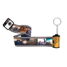 a camera keychain with pictures on it and a film strip attached to it