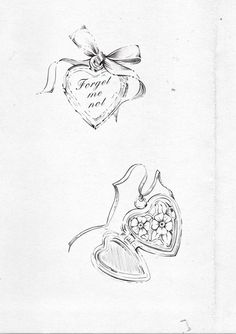 a drawing of two hearts and a heart shaped ornament with a bow on it