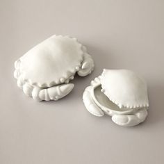 two white shell shaped dishes sitting on top of a table