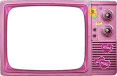 an old pink tv with hearts on the front and side, sitting against a white background