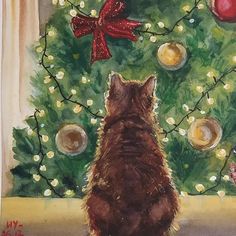 Christmas Kitty Painting, Christmas Tree Paintings Easy, Winter Cat Painting, Christmas Tree Ideas Drawing Easy, Christmas Kitty Drawing, Christmas Drawings Cute Easy, Christmas Drawing On Canvas, Tree Christmas Drawing, Cat And Christmas Tree