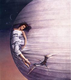 a painting of a woman laying on top of a hot air balloon