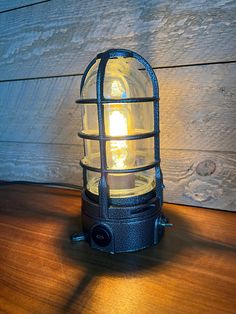 a light that is on top of a wooden table