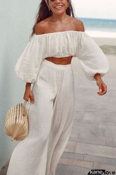 Off Shoulder Ruched Crop Top Pants Sets Crop Top Pants Set, Summer Holiday Outfits, Summer Trends Outfits, Outfit Trends, Top Pants Set, Cute Summer Outfits, Casual Summer Outfits, White Pants