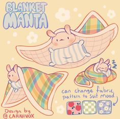 an image of a cartoon character sleeping in bed with other items around it and the words blanket maniata can change fabric patterns to suit mood