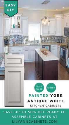 a kitchen with white cabinets and an advertisement for painted york antique white cabinetry, save up to 50 % off ready to assemble cabinets