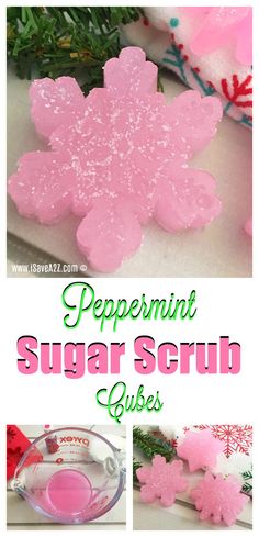 peppermint sugar scrub cubes in the shape of snowflakes with text overlay