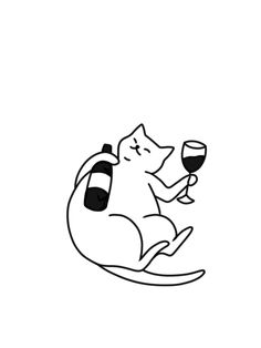 a black and white drawing of a cat holding a glass of wine