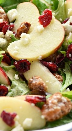 a salad with apples, cheese and cranberries in it on a white plate