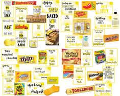 a collage of different types of food and candy on white paper with yellow lettering