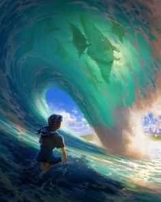 a man sitting on top of a surfboard in front of a giant ocean wave