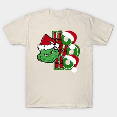 a white shirt with the grin face and santa hat on it's chest is shown