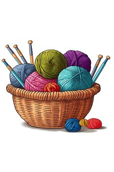 a basket filled with balls of yarn and knitting needles