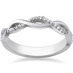 a white gold wedding ring with diamonds on it's sides and an intertwined band