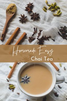 homemade easy chai tea in a white cup with cinnamon and star anise on the side