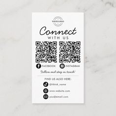 a white business card with a qr code on the front and black text that reads connect