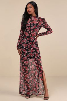 The Lulus Lovely Silhouette Black Floral Sheer Mesh Cutout Maxi Dress knows how to catch everyone's eye the moment it enters a room! A classic floral print sweeps across stretchy mesh knit as it shapes a sheer bodice with long ruched sleeves, a mock neckline, and a band of lining at the front that gives a bandeau-like effect. Turn around to reveal a flirty back cutout that secures with top button closures and finishes at the fitted waist. Figure-flaunting column skirt falls to a sheer, maxi hem Sheer Mesh Dress, Column Skirt, Cutout Maxi Dress, Overlay Dress, Mock Neckline, Fall Skirts, Dress 100, Mesh Dress, Large Size Dresses