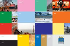 a collage of different color blocks with people riding bikes and buildings in the background