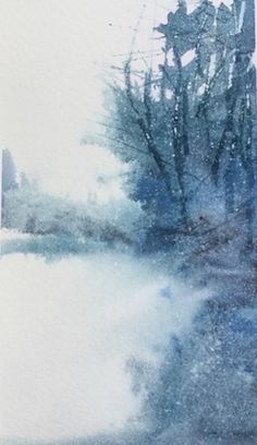 a watercolor painting of trees and buildings in the background with snow falling on them