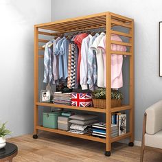 a wooden shelf with clothes and other items on it