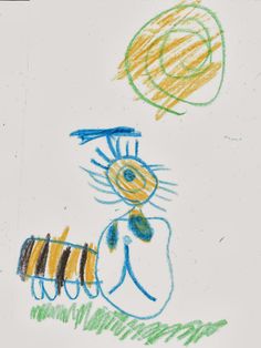 a child's drawing of a cat and a bee