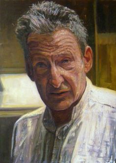 a painting of a man with grey hair and white shirt looking at the camera while wearing a tie