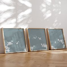 three framed pictures sitting on top of a wooden floor