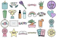 an assortment of stickers that include flowers, books, and other things to say