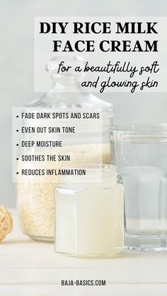 Diy Hydrating Face Cream, Rice Milk Face Cream Diy, Diy Rice Face Cream, Homemade Face Cream For Glowing Skin, Rice Facial At Home, Rice Cream For Face Diy, Diy Rice Milk, Rice Cream For Face, Rice Milk Recipe