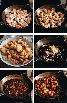 four pictures show different stages of cooking chicken in a skillet and then being cooked