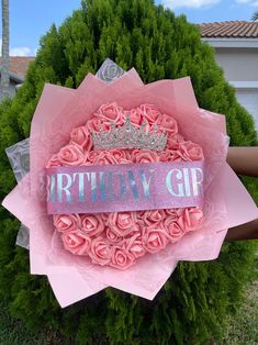 a pink rose bouquet with a tiara on it and the words birthday gif