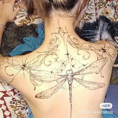 Big Dragonfly Tattoo On Back, Back Tattoo Dragonfly, Big Back Piece Tattoos For Women, Back Tattoos Nature, Back Fairy Wings Tattoo, Symmetrical Back Tattoo For Women, Dragon Fly Back Tattoo, Wings Back Tattoo Women, Dragonfly Wings Tattoo