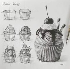 a drawing of some cupcakes with different toppings