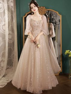 Sweet Off Shoulder Square Neck Champagne Prom Formal Dress01 Sweet Elegant Outfits, Elegant Prom Dresses Long Sleeve, Puffy Dresses Prom, White Summer Midi Dress, Summer Dress Outfits Casual, Simple Long Dress, Wedding Evening Gown, Celebrity Bride, Modern Kebaya