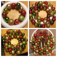 three pictures of christmas ornaments on a table