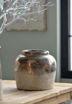 a silver vase sitting on top of a wooden table next to a small white tree