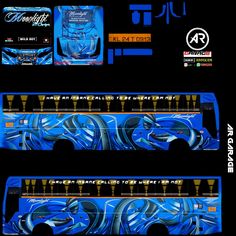 the back and side views of a bus with blue swirls on it's sides