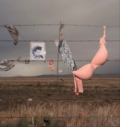 a naked woman hanging upside down on a barbed wire fence in the middle of nowhere