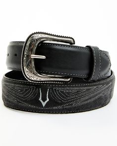 Etched buckle. Genuine leather. Suede with smooth leather billets. Black with white contrast embroidered design and buckstitching. Belts And Buckles, Embroidered Belt, Western Belt Buckles, Tony Lama, Branded Belts, Western Belts, Belt Black, Boots For Sale, Embroidered Design