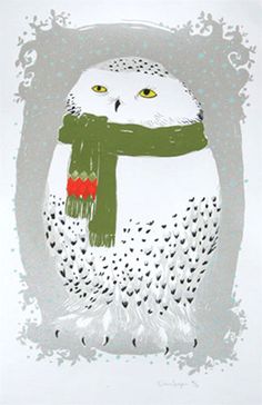 an owl is wearing a green scarf and standing in front of a white background with black dots