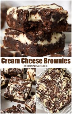 chocolate brownies with cream cheese in the middle and on top are stacked up together